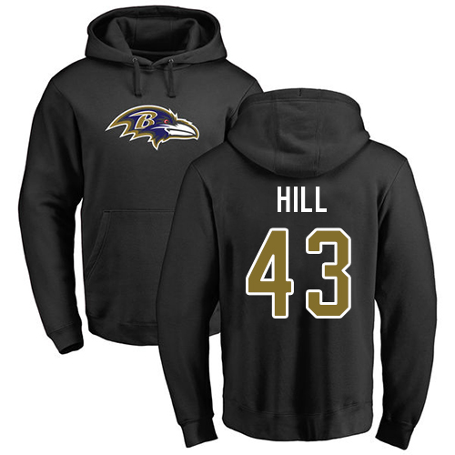 Men Baltimore Ravens Black Justice Hill Name and Number Logo NFL Football 43 Pullover Hoodie Sweatshirt
